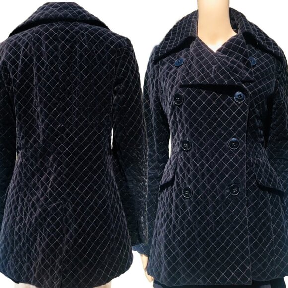 INC International Concepts Double Breasted Black Quilted Velvet Peacoat Sz M - Picture 3 of 5